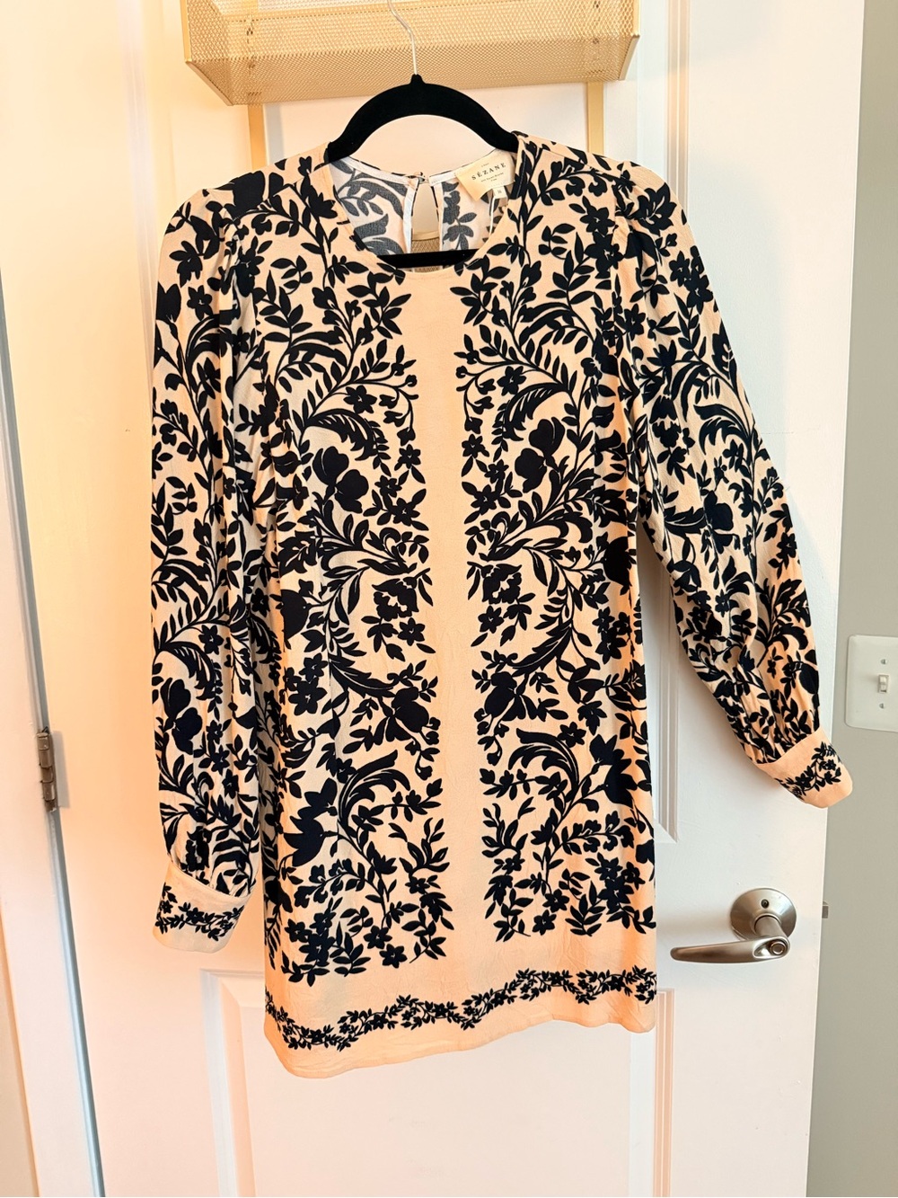 Sezane Cream Dress with Black Floral Patterned Panels